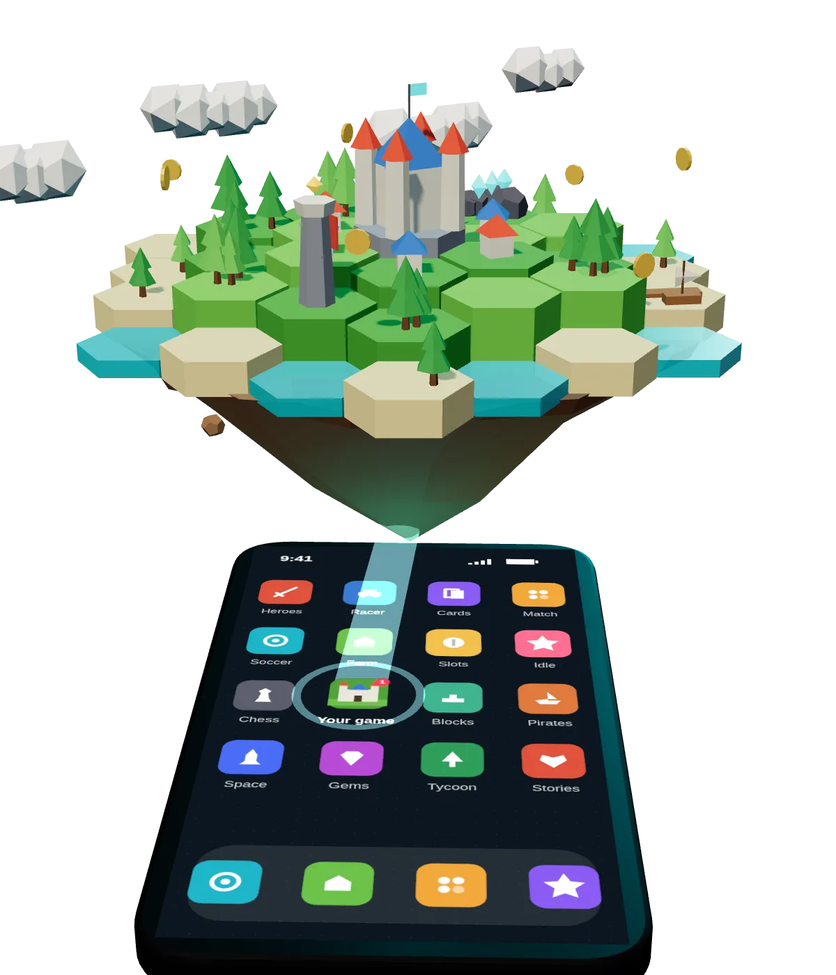 Écran d'accueil de smartphone qui lance un monde de jeu low-poly : une île flottante avec château, mine et port