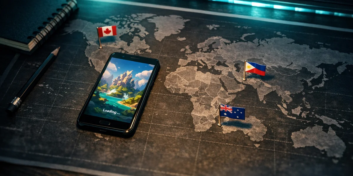 Mobile game soft launch strategy panorama showing test markets, analytics dashboards, and KPI tracking