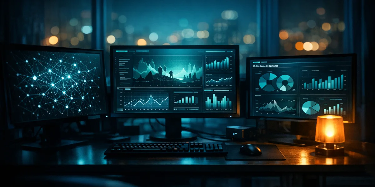 AI-powered gaming analytics workspace with teal-lit monitors displaying mobile game performance dashboards