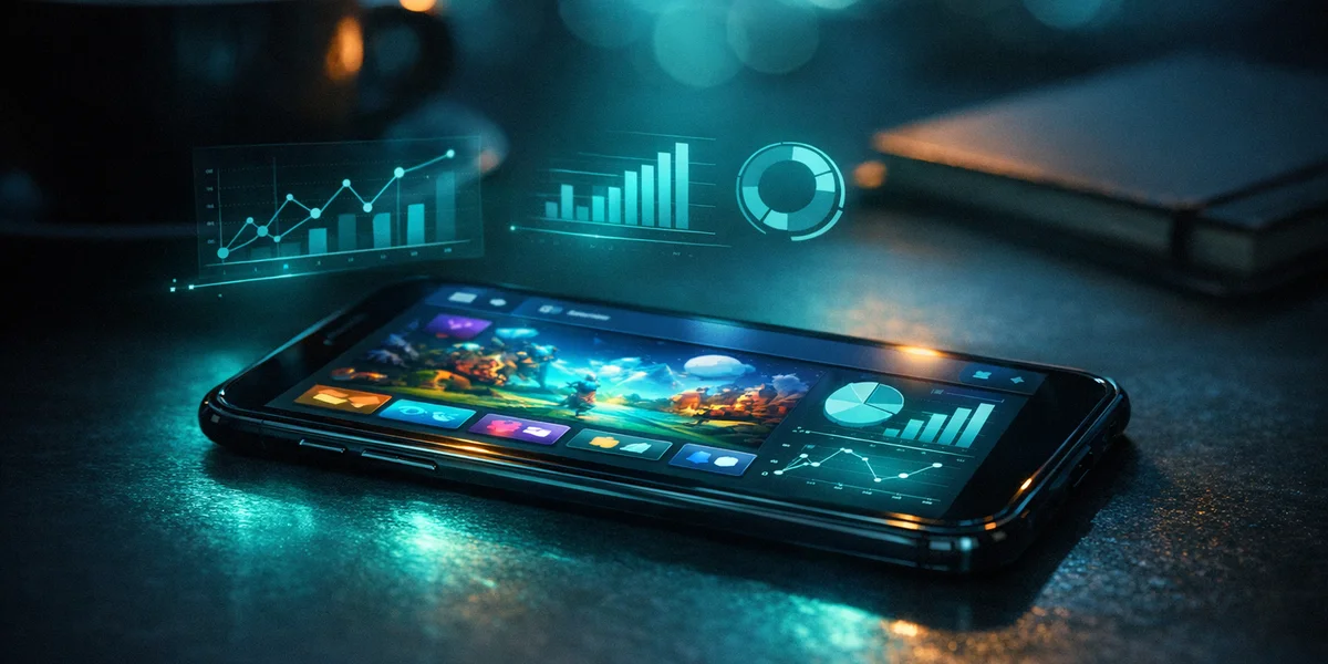 LiveOps mobile game dashboard glowing on smartphone in dark workspace with teal-cyan ambient lighting