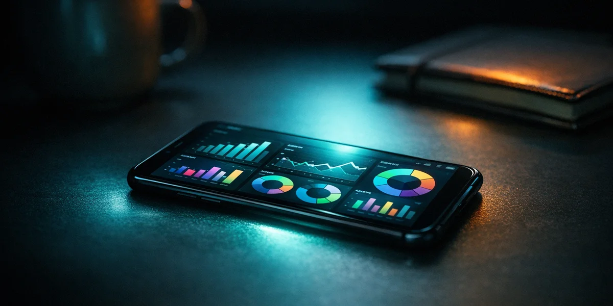 F2P monetization dashboard on smartphone with teal ambient lighting and dark moody workspace