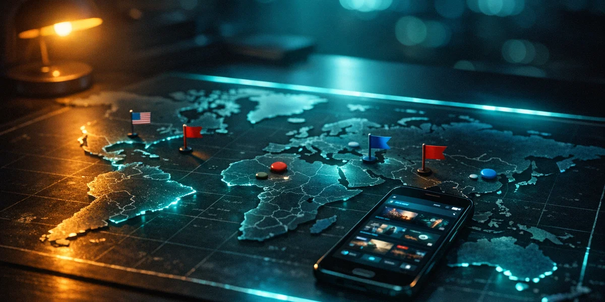 Cloud gaming B2B2C strategy map with teal-lit global deployment markers and streaming dashboard