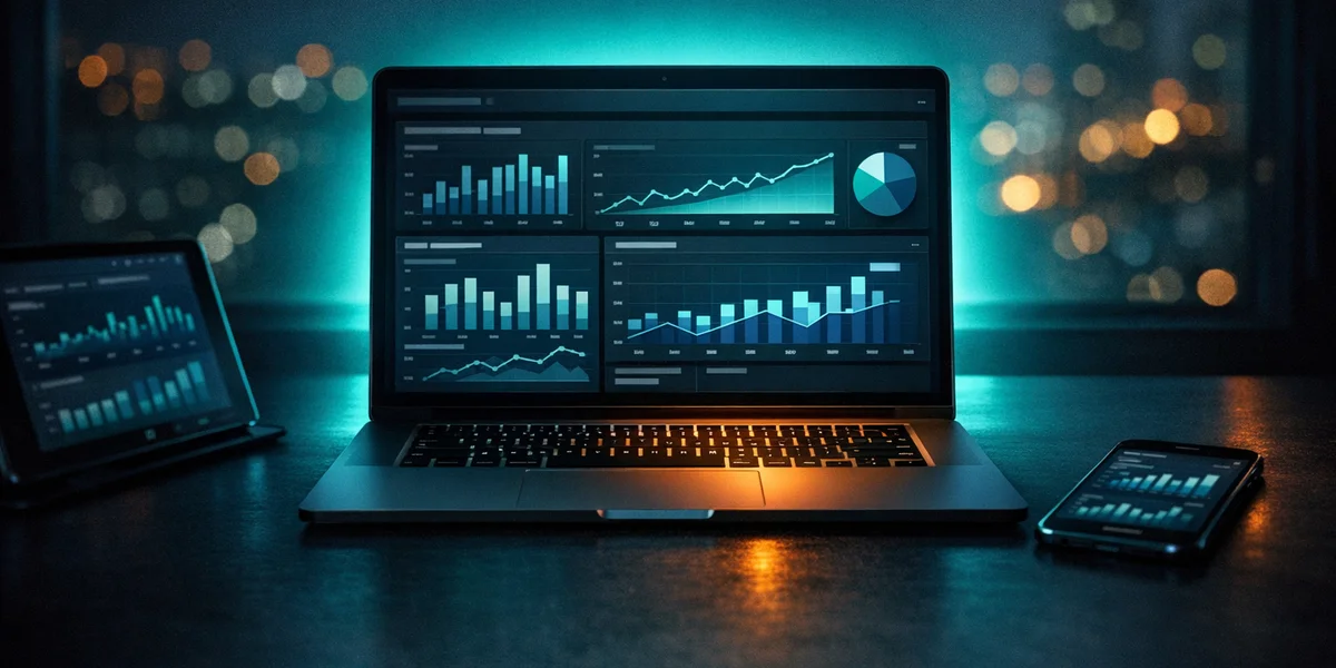 Mobile game marketing campaign dashboard on laptop with teal backlight, dark studio workspace