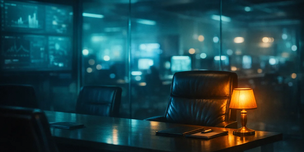 Game growth consultant executive meeting room with teal-lit analytics screens and amber desk lamp