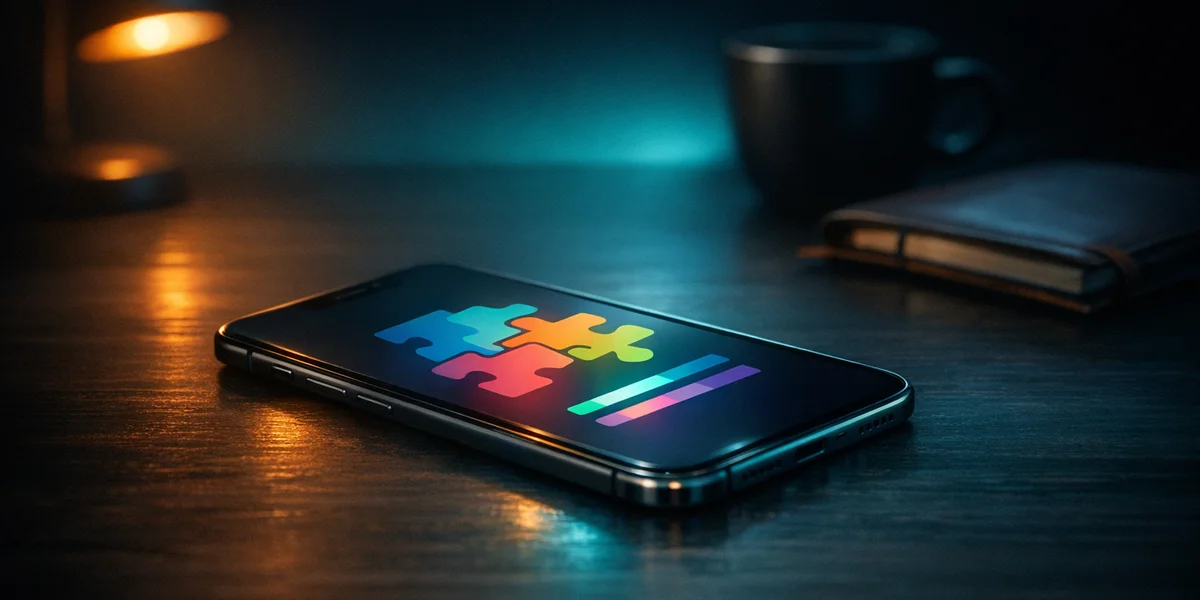 Hybrid casual games design and monetization strategy — mobile phone on a dark desk with teal ambient glow