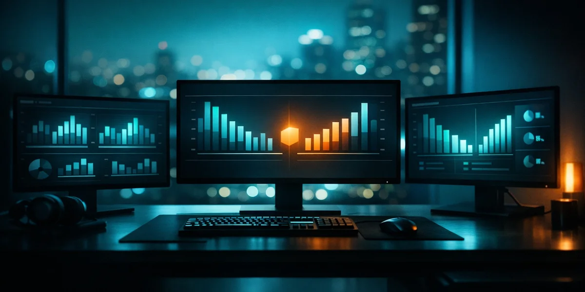 Gaming analytics workspace with multiple monitors displaying A/B test dashboards and split-test comparison charts in teal-cyan ambient light
