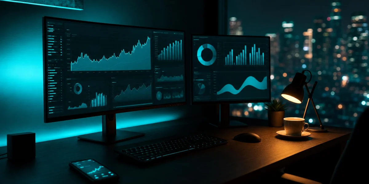 Mobile game web shop analytics workspace at night showing D2C revenue dashboards