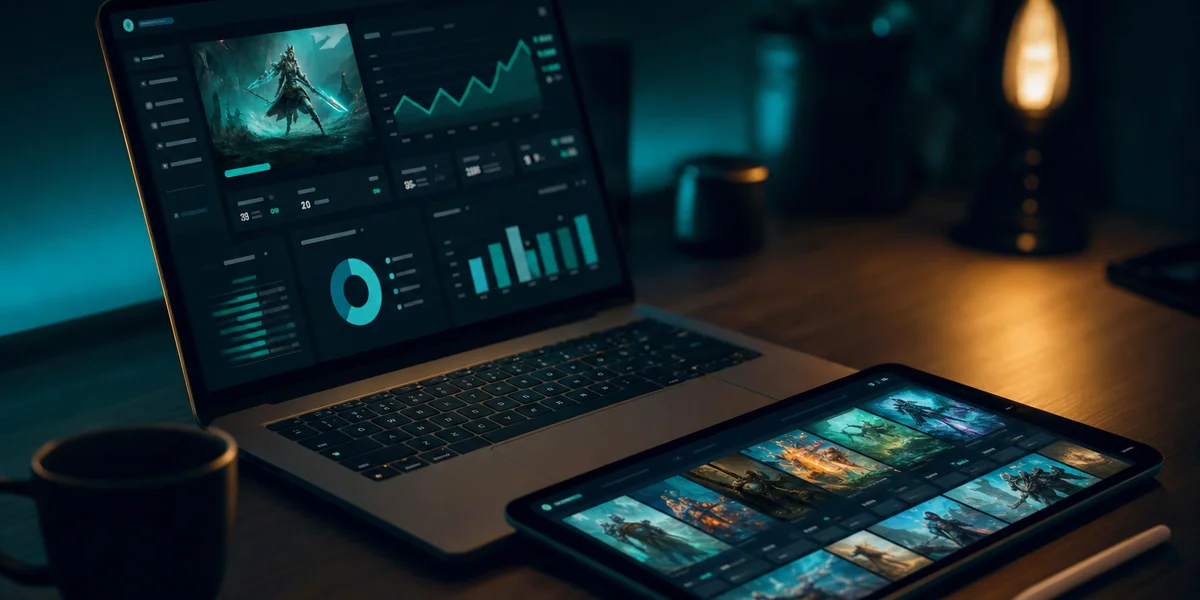 Mobile game ad creative strategy — dashboard laptop with teal glow, campaign analytics and creative variations