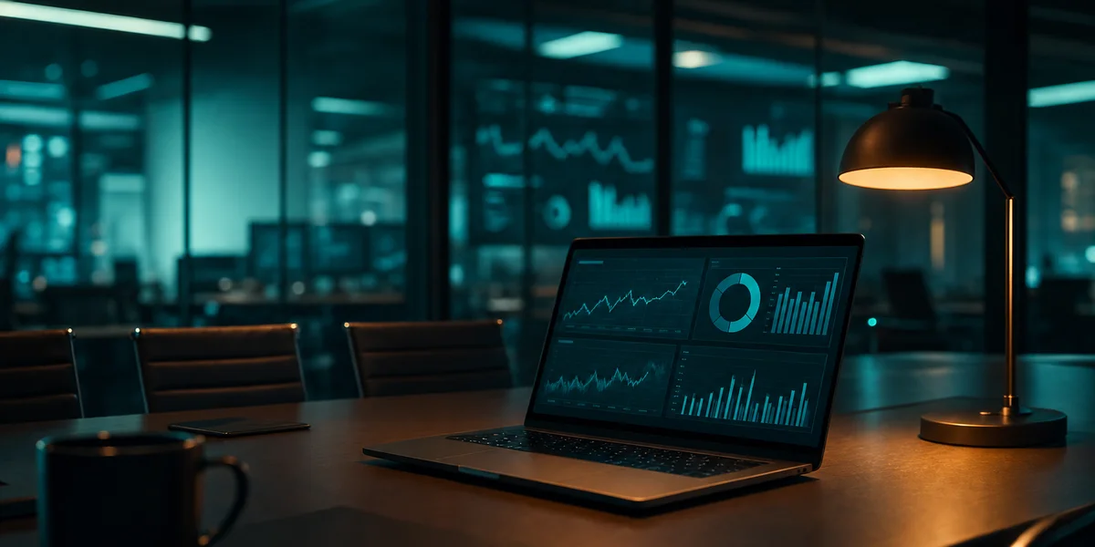 In-game advertising brand partnership — executive boardroom with analytics laptop, teal glow