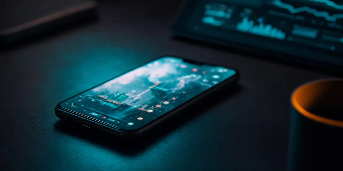 Smartphone on dark desk with teal-cyan screen glow — midcore mobile game strategy