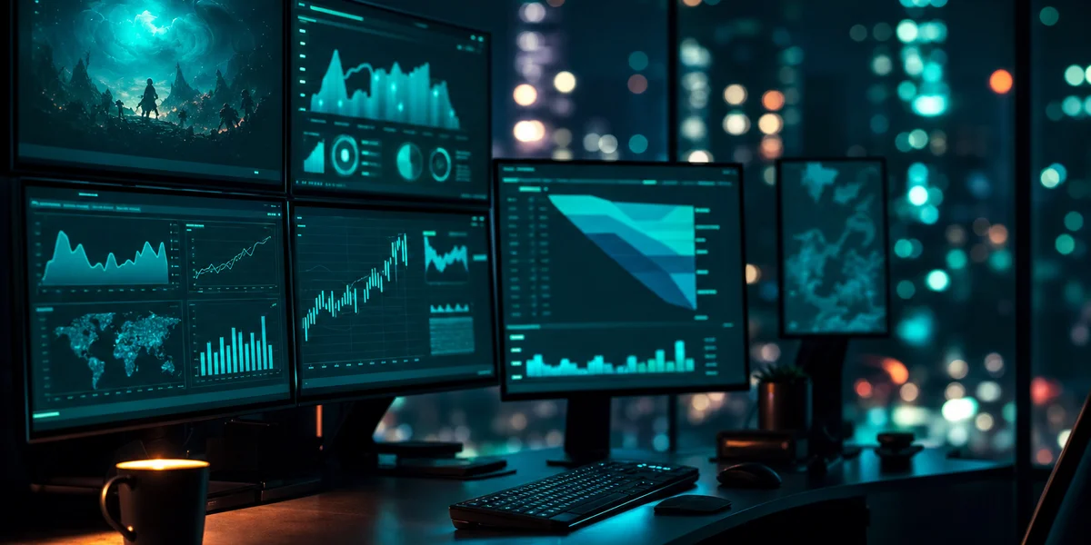 Gaming analytics workspace at night — multiple monitors showing mobile game growth strategy dashboards with teal-cyan glow