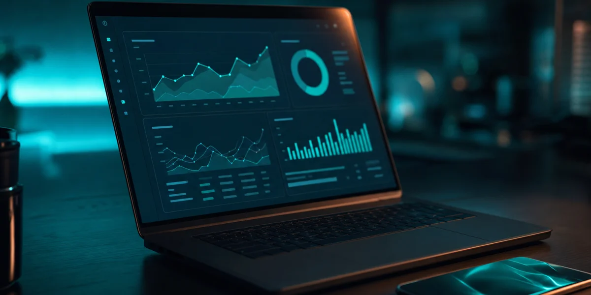 UA campaign dashboard on laptop with teal backlight on dark desk — rewarded user acquisition setup