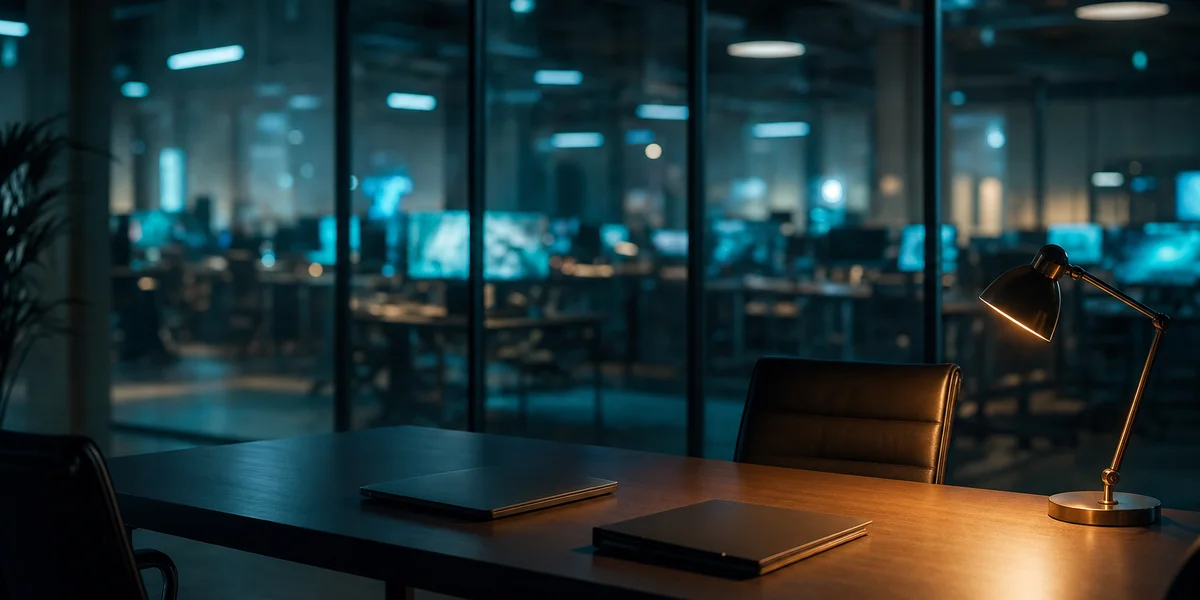 Dark executive meeting room with amber desk lamp and teal-cyan screen glow through glass — hire gaming consultant