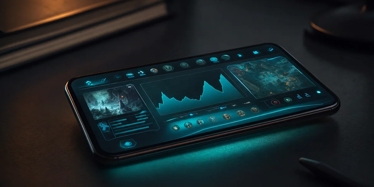 Smartphone on dark desk with teal-cyan screen glow — mobile game consultant soft launch