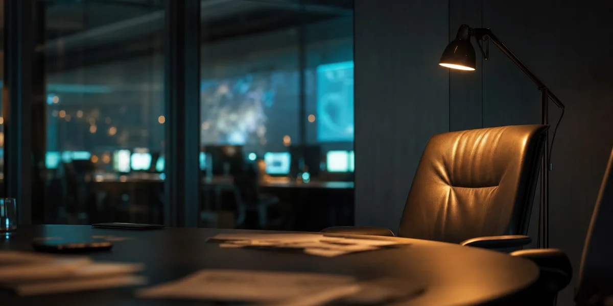 Dark executive meeting room with teal screen glow and amber desk lamp