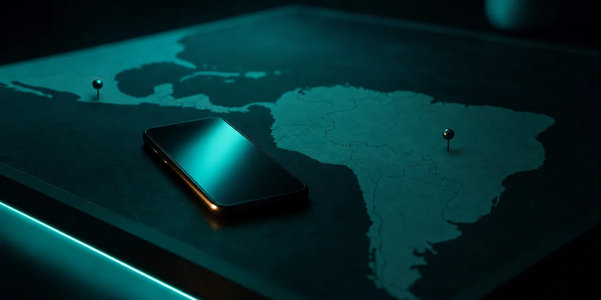 LATAM mobile game market entry — dark desk with Latin America map and smartphone with teal glow