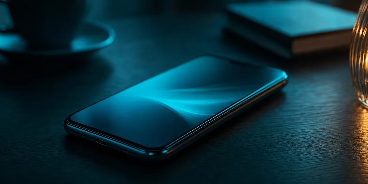 Hybrid monetization mobile game — smartphone on a dark desk with teal screen glow and amber accent