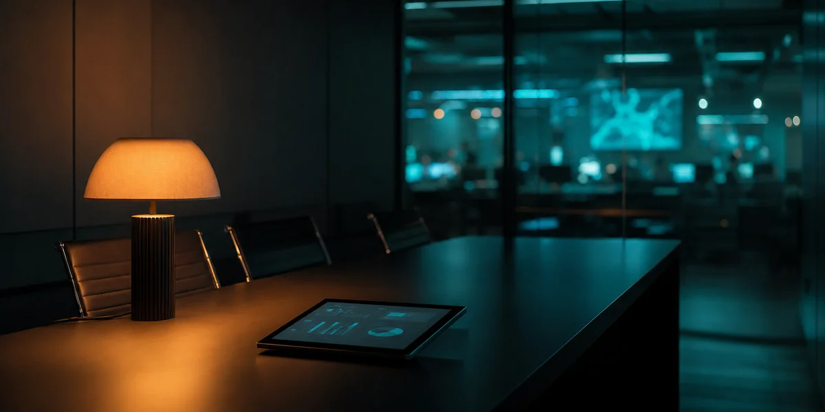 Gaming consultant brief — dark executive meeting room with amber desk lamp and teal screen glow