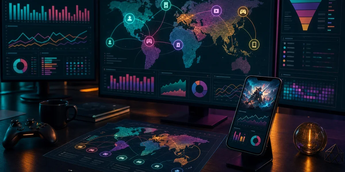 Mobile game UA channel diversification dashboard — dark analytics workspace with multi-channel allocation map and teal-magenta neon glow