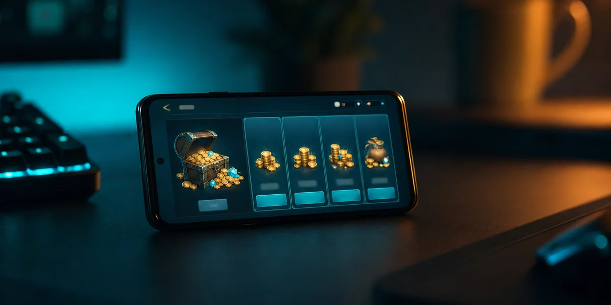 Mobile game paywall and IAP pricing screen with teal-cyan lighting on smartphone — monetization conversion optimization