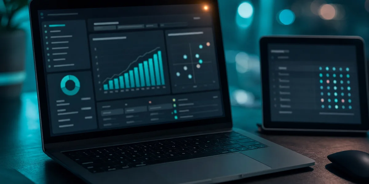 AI adoption strategy dashboard — dark campaign workspace with laptop and secondary device showing decision matrix and teal-cyan screen glow