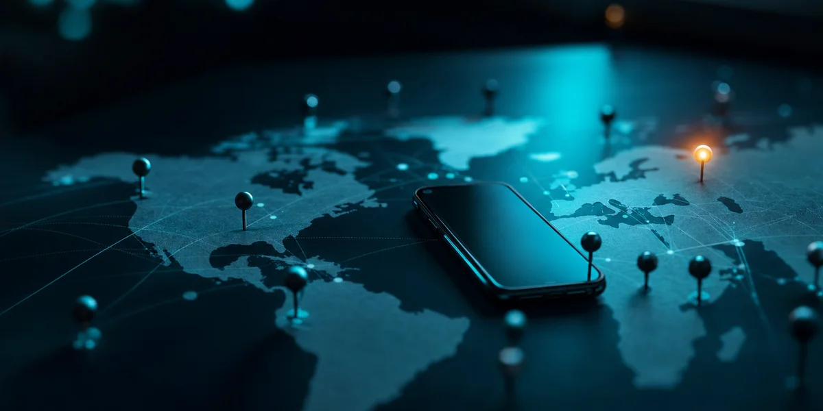 Mobile game soft launch market selection — world map with strategic regional pins and smartphone showing market data, teal-cyan backlighting