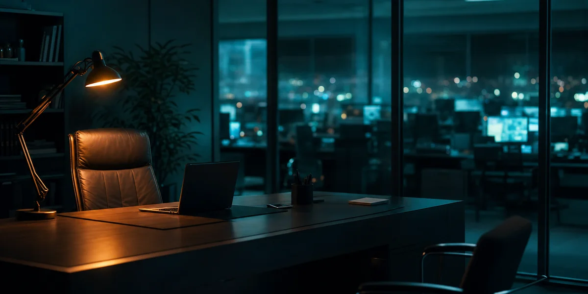 Game studio strategic decision room: executive leadership workspace for raise, sell, pivot, restructure analysis