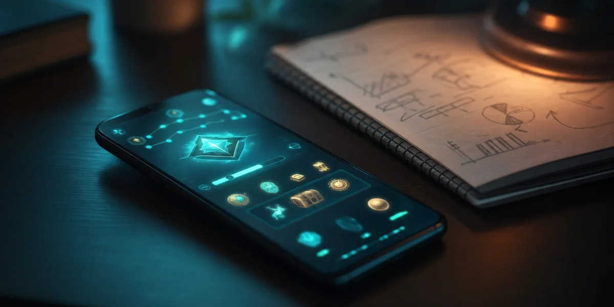 Mobile game screen glowing on a dark desk, symbolizing hyper-casual to hybrid casual monetization migration