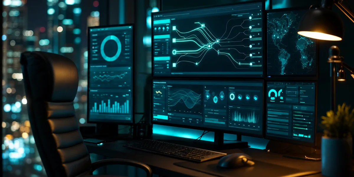 Gaming analytics station at night with monitors showing dashboards, symbolizing game economy currency balance