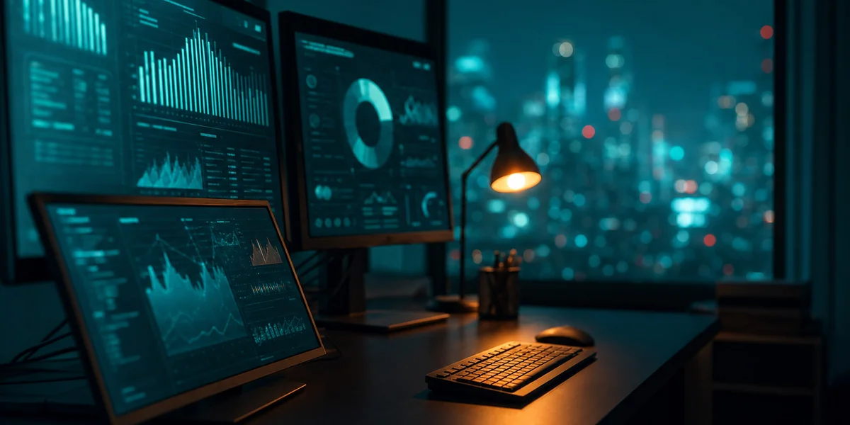 Gaming analytics workspace at night with dashboards, symbolizing lean game studio valuation and team efficiency