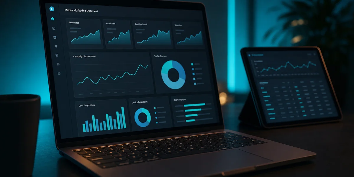 Dark workspace with mobile marketing dashboard analytics displaying UA campaign metrics on laptop screen