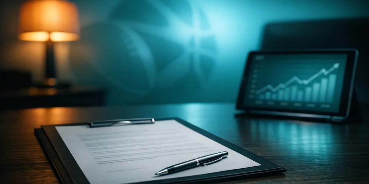 Sports IP licensing deal negotiation workspace with contract terms and ROI analysis