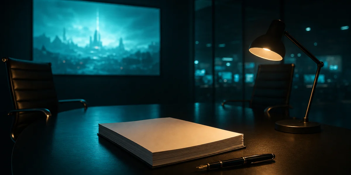 Game publisher recoup clause negotiation: contract and pen on a dark boardroom deal table