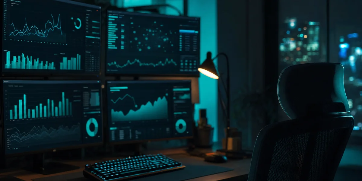 Dark gaming analytics workspace with monitors showing strategy game revenue dashboards