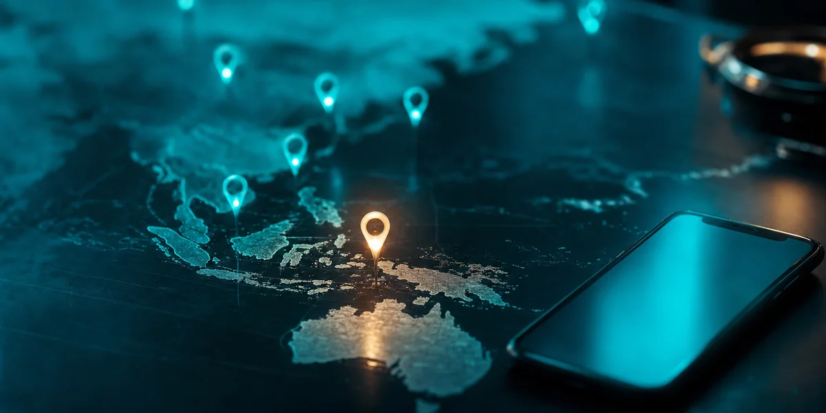 Dark desk with a world map and glowing markers across Southeast Asia, phone showing screen glow