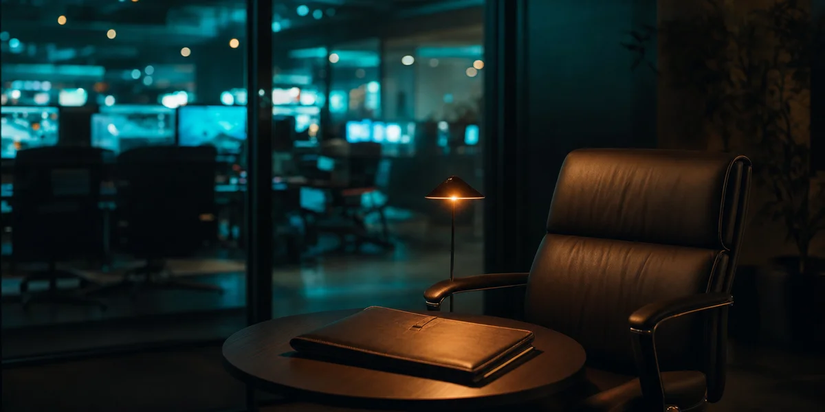 Dark executive meeting room with a leather portfolio folder lit by an amber desk lamp, teal-lit studio floor visible through glass walls