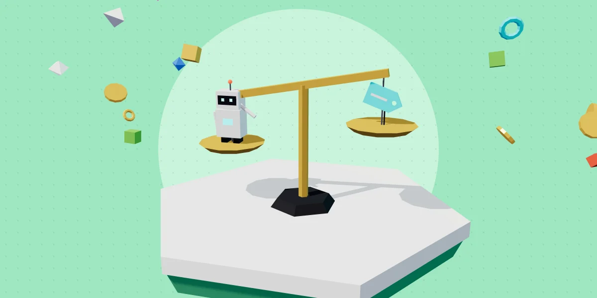 AI tooling build vs buy: a balance weighing an in-house AI robot against a price tag