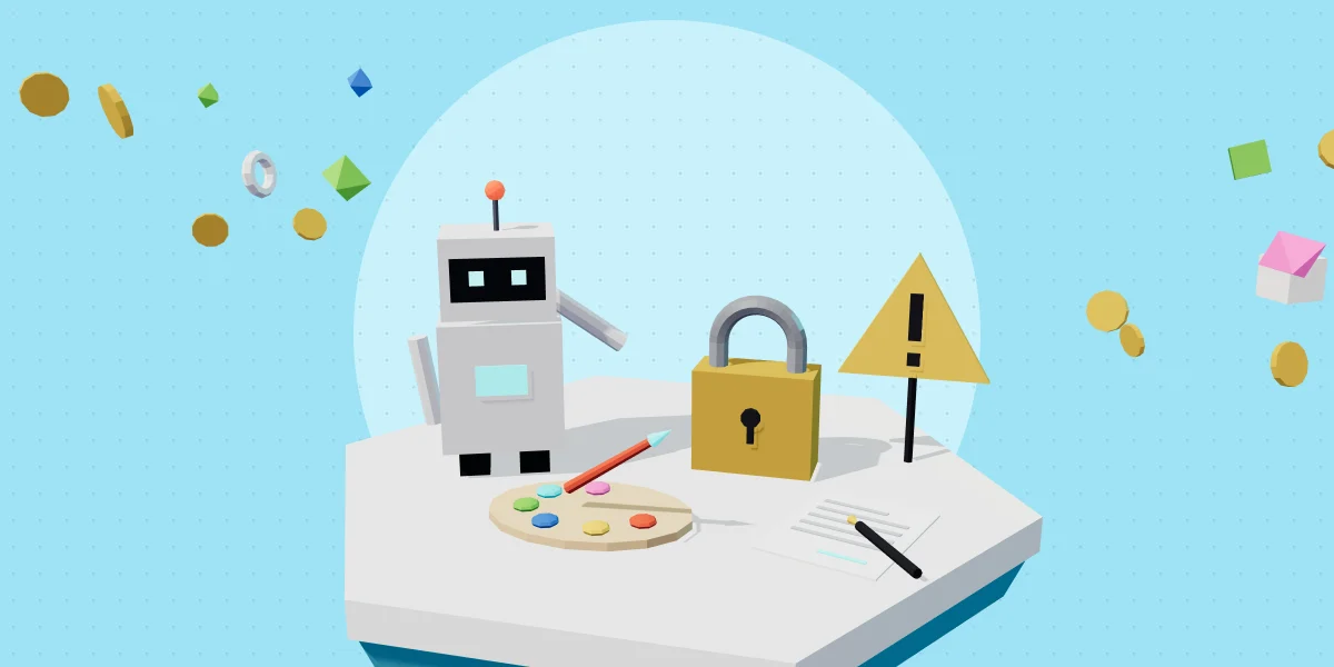 AI game content copyright: an AI robot with a palette, a padlock, a contract and a warning sign