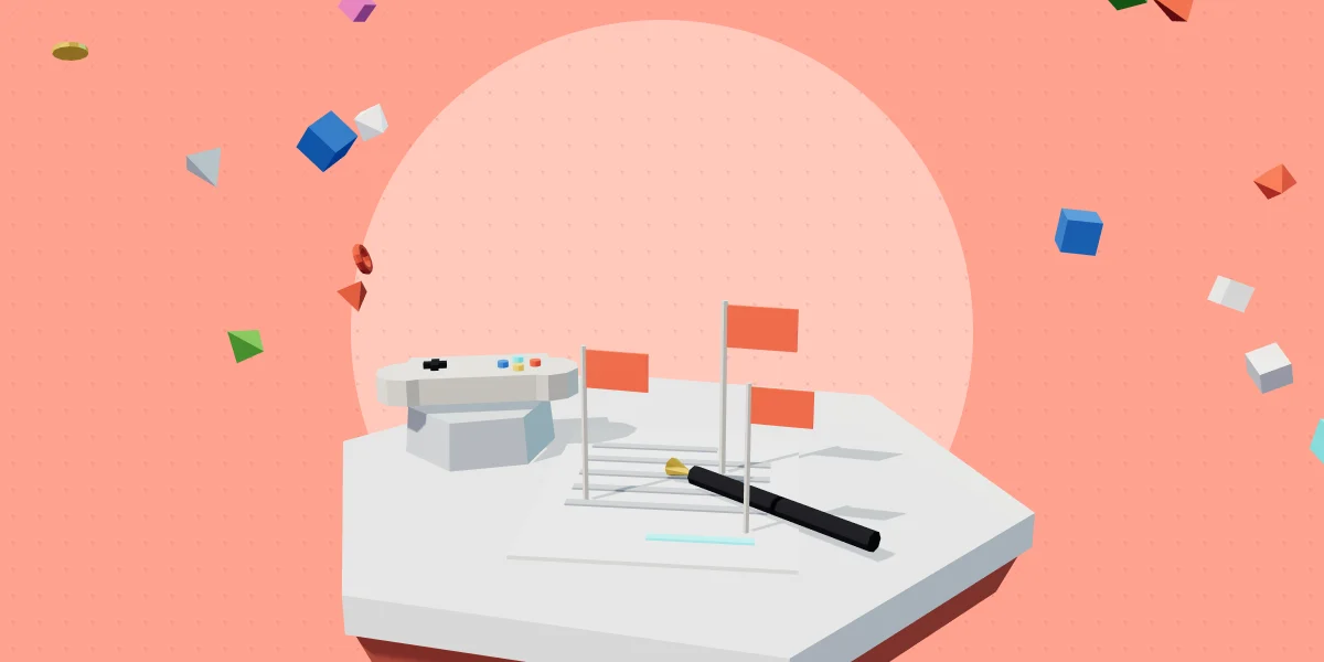 Game publisher deal red flags: red flags planted on a publishing contract beside a game controller